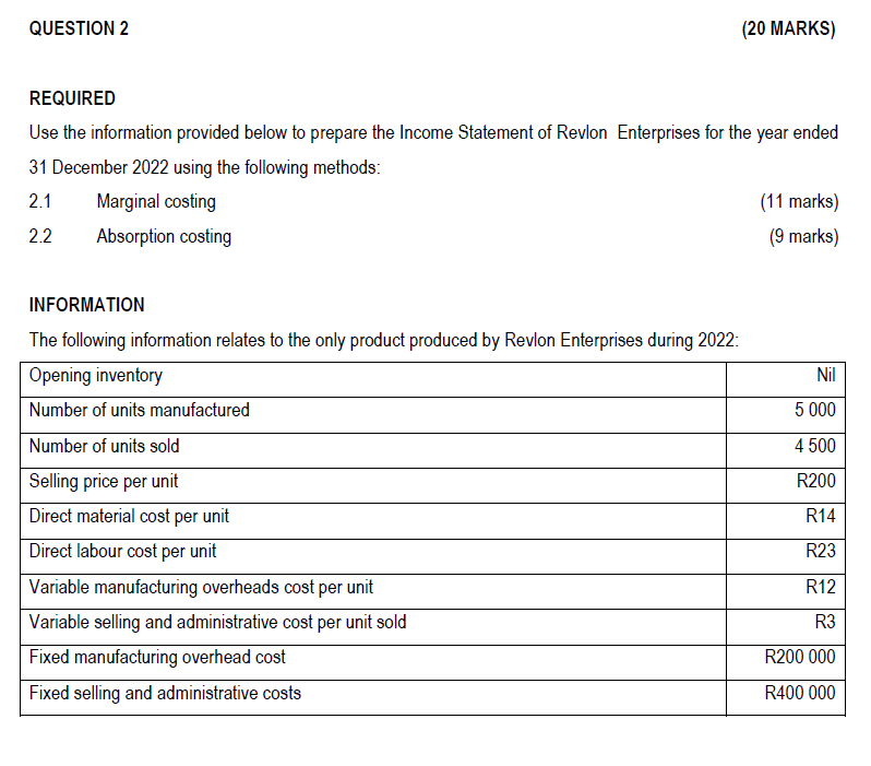 Kindly use template below: Question 2 2.1 MARGINAL COSTING METHOD REVLON ENTERPRISESINCOME