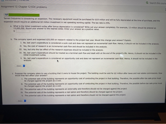  Q Search this cours Assignment 12: Chapter 12 EOC problems Tannen