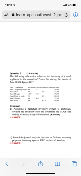  11:117 ..il 4G AA learn-ap-southeast-2-pre Question 2 (10 marks) The following