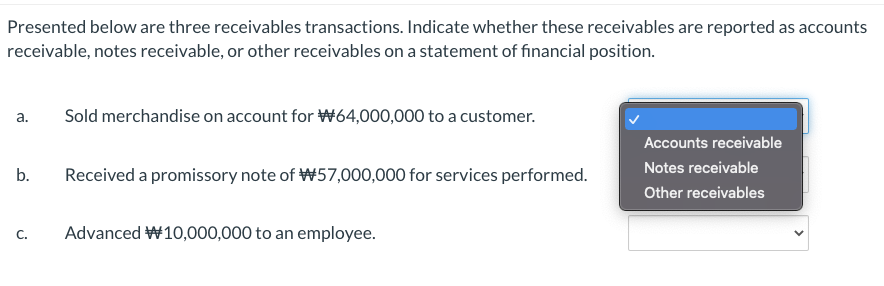 Presented below are three receivables transactions. Indicate whether these receivables are