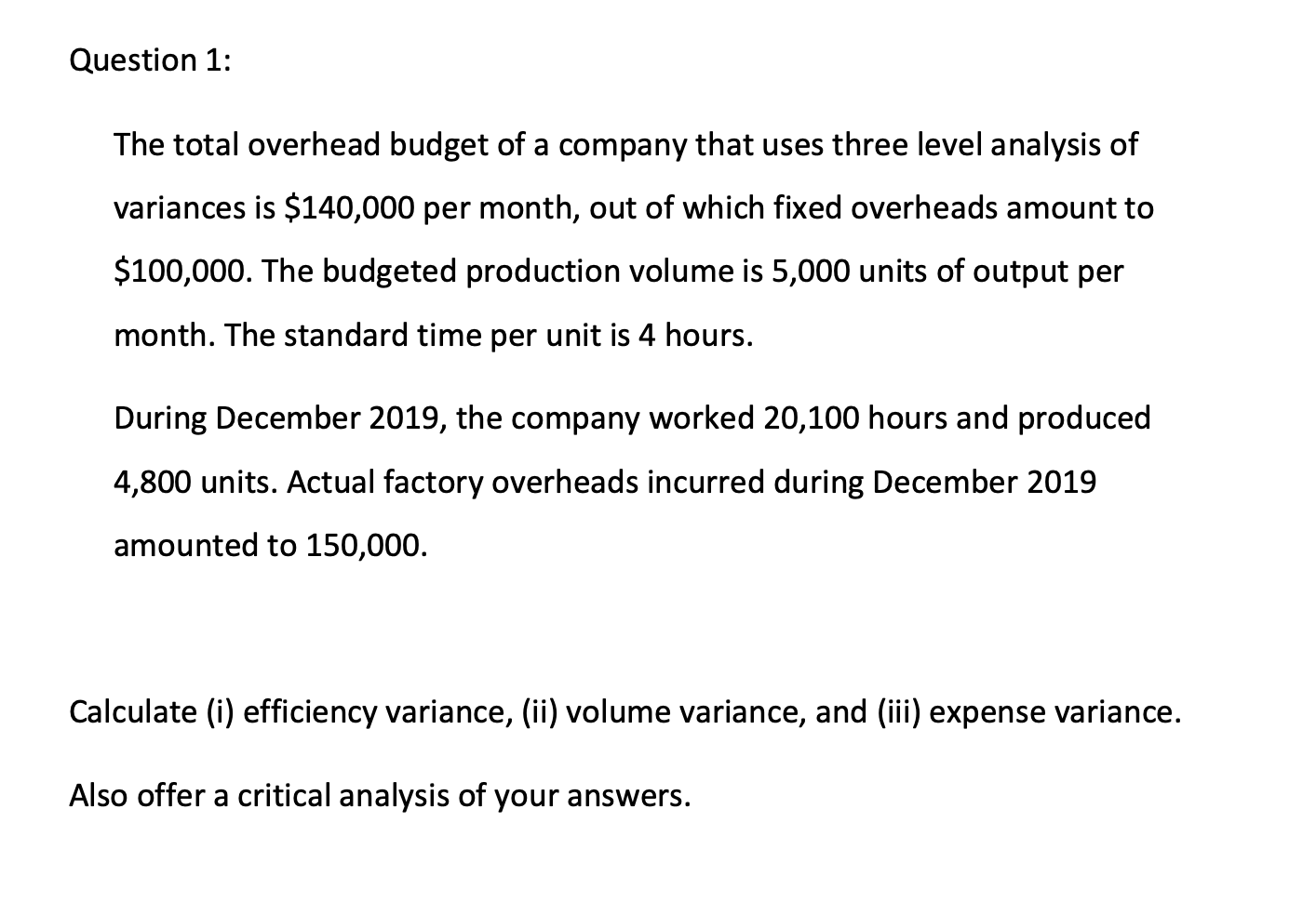 Important: Please Provide Critical Analysis. Question 1: The total overhead budget of