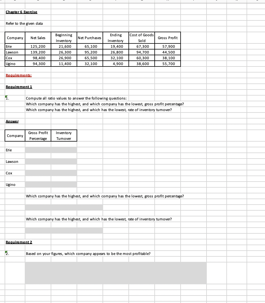 Chapter 6 Exercise Refer to the given data Company Net Sales