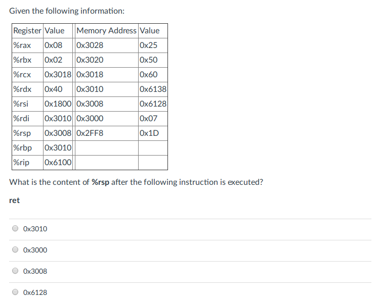 Given the following information Register Value Memory Address Value %rax |0x08