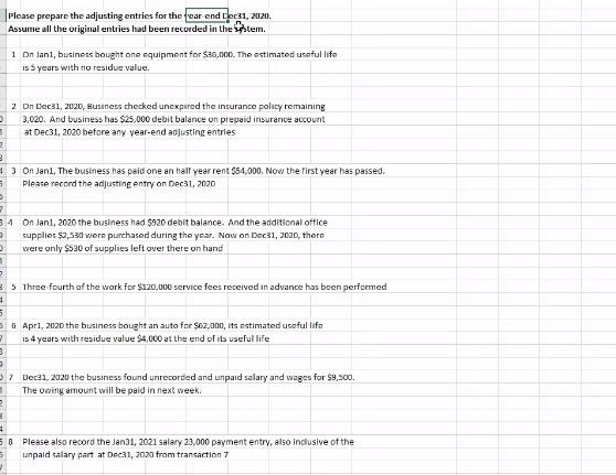  Please prepare the adjusting entries for the year and cle31, 2020.