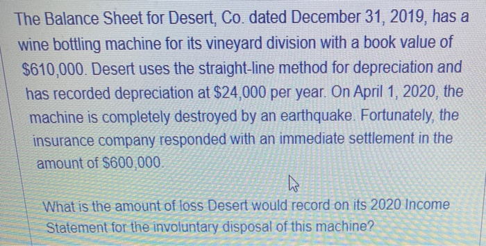  The Balance Sheet for Desert, Co. dated December 31, 2019, has