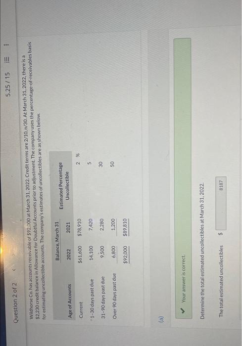 question 2 hmw 9 pt 2 5.25/15 II! Question 2 of 2