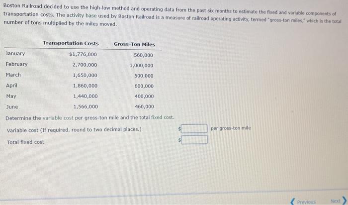  Boston Railroad decided to use the high-low method and operating data