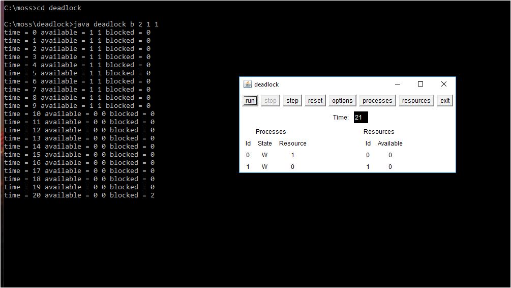 java runtime environment running deadlock simulation. There are two additional process command
