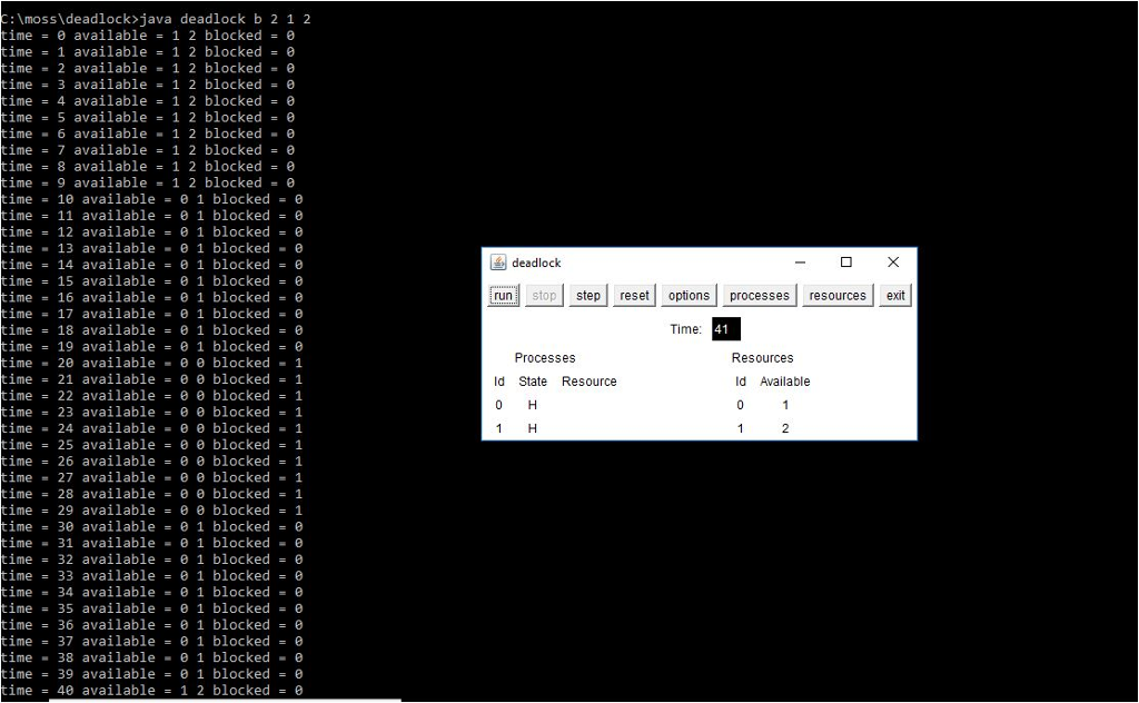 this command: 1. java deadlock b 2 1 1, what happens? screenshot