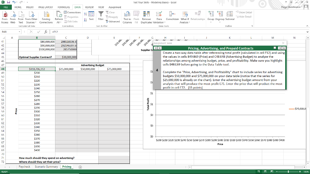 F12) and using the values in cells B49:B69 (Price) and C48:E48 (Advertising