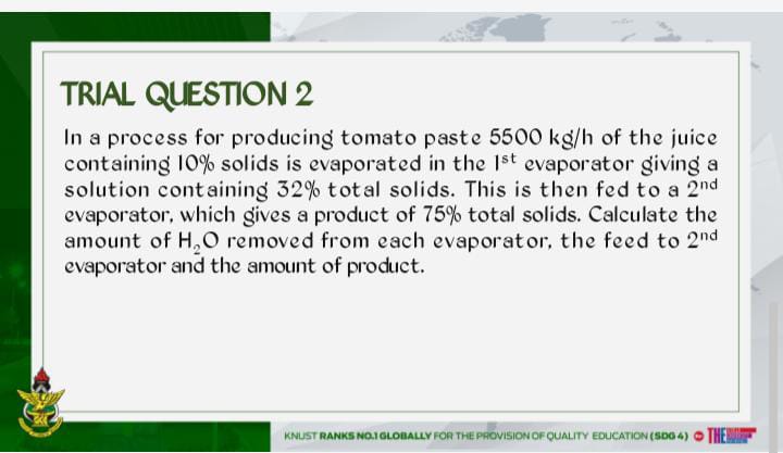  TRIAL QUESTION 2 In a process for producing tomato paste 5500kgh