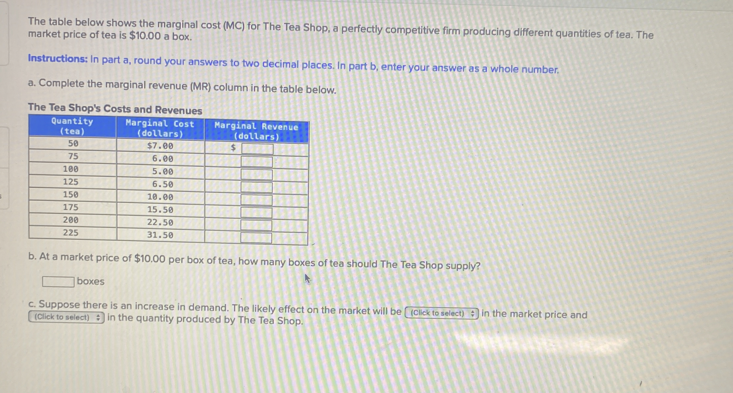  The table below shows the marginal cost (MC) for The Tea