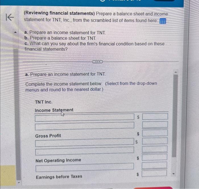  Data table (Reviewing financial statements) Prepare a balance sheet and income