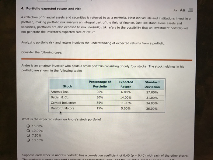  4. Portfolio expected return and risk Aa Aa A collection of