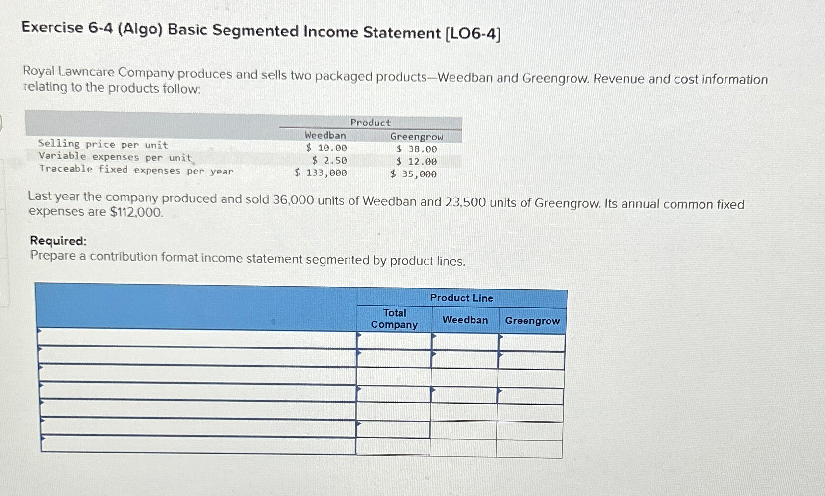  Exercise 6-4(Algo) Basic Segmented Income Statement [LO6-4] Royal Lawncare Company produces