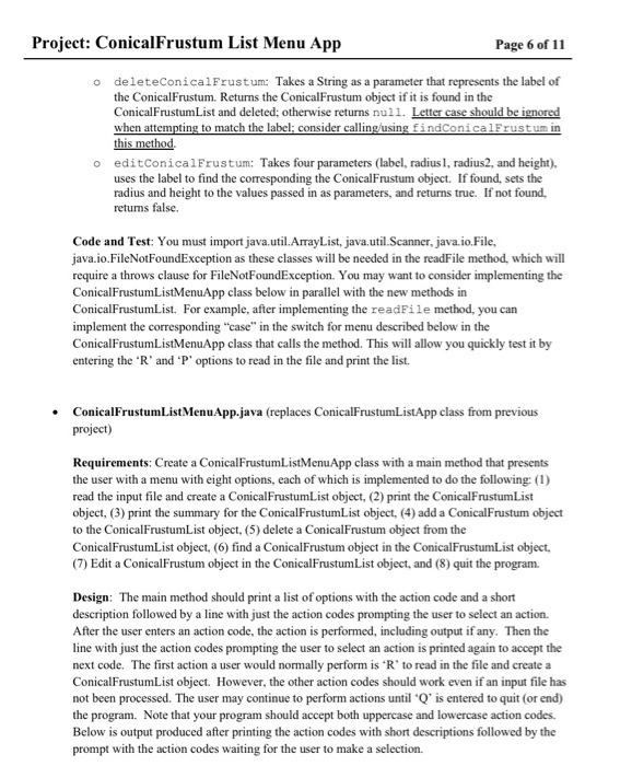 input file (which creates a ConicalFrustumList object), (2) print report, (3) print