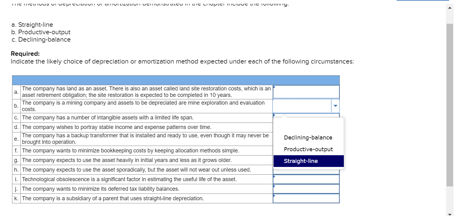  a. Straight-line b. Productive-output c. Declining-balance Required: Indicate the likely choice