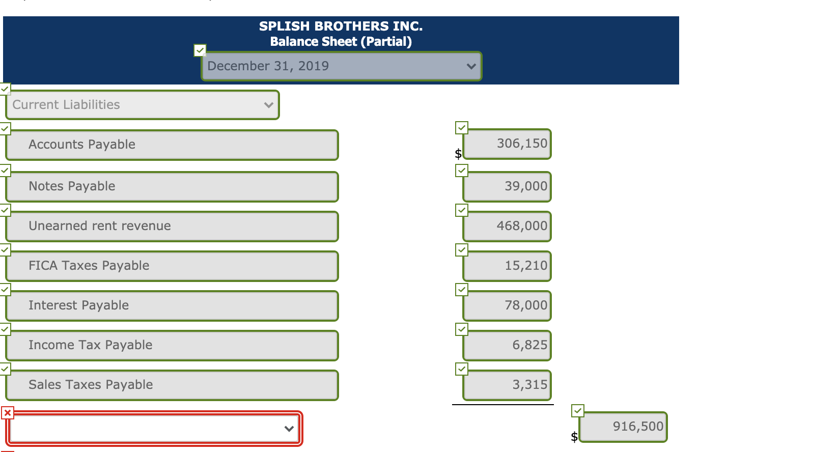 here are liability items for Splish Brothers Inc. at December 31, 2020.