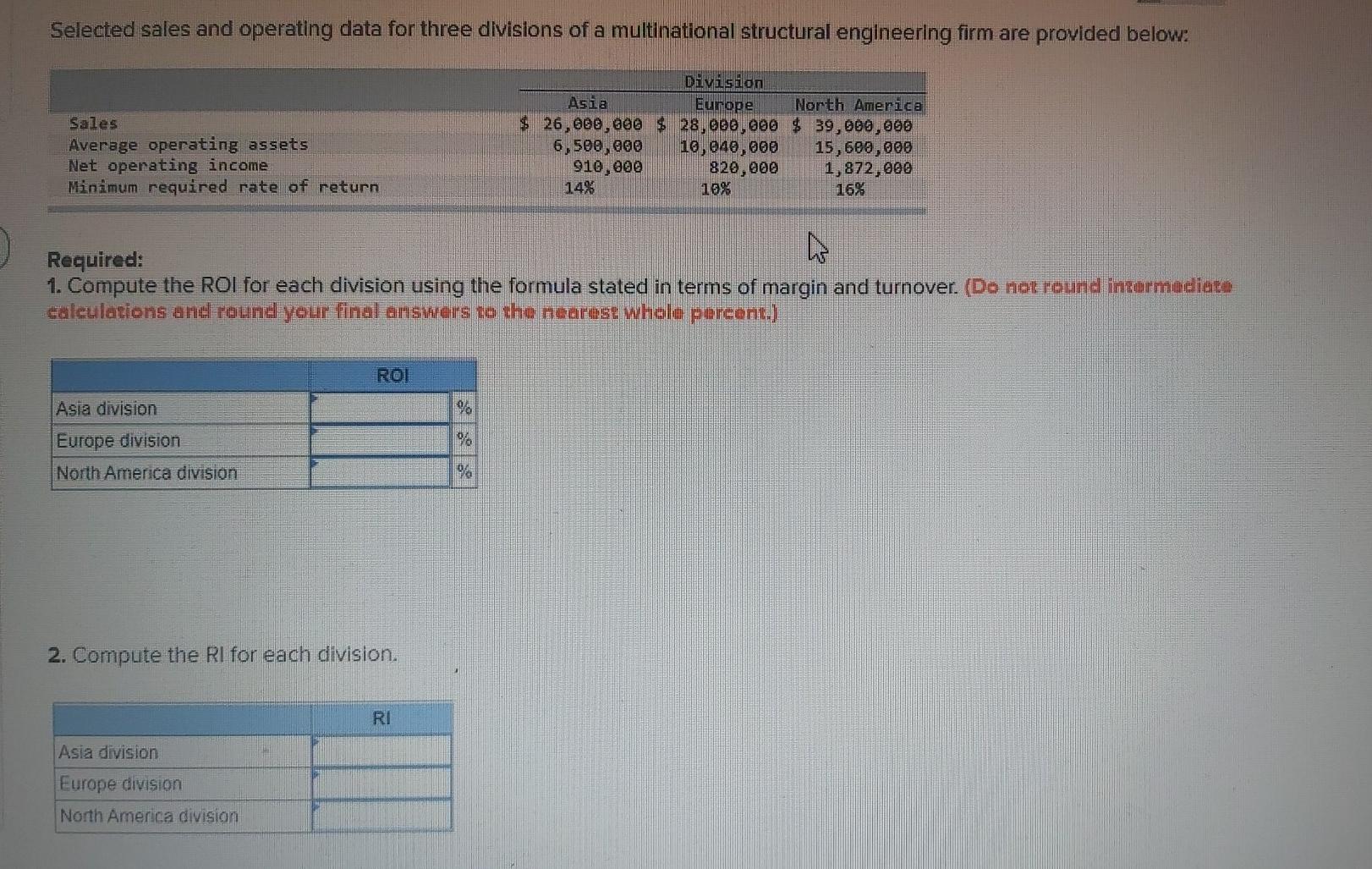 Answer Please? Selected sales and operating data for three divisions of