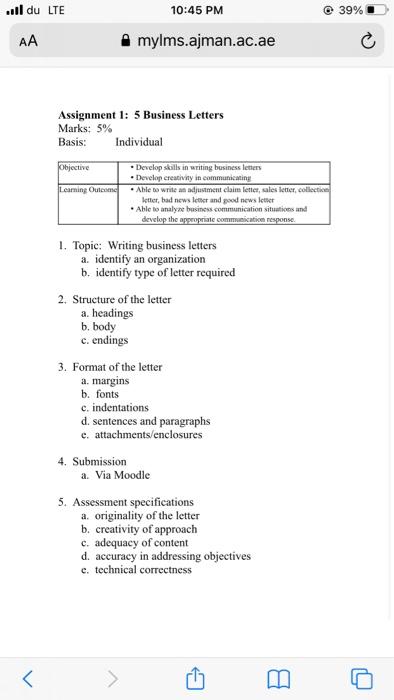  ul du LTE @ 39% 10:45 PM mylms.ajman.ac.ae AA Assignment 1: