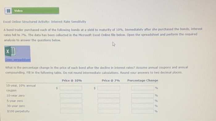  Video Excel Online Structured Activity: Interest Rate Sensitivity A bond trader