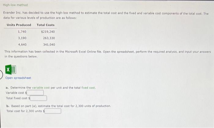  High-low method Evander Inc. has decided to use the high-low method