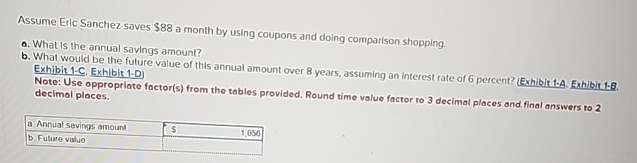  Assume Eric Sanchez saves $88 a month by using coupons and