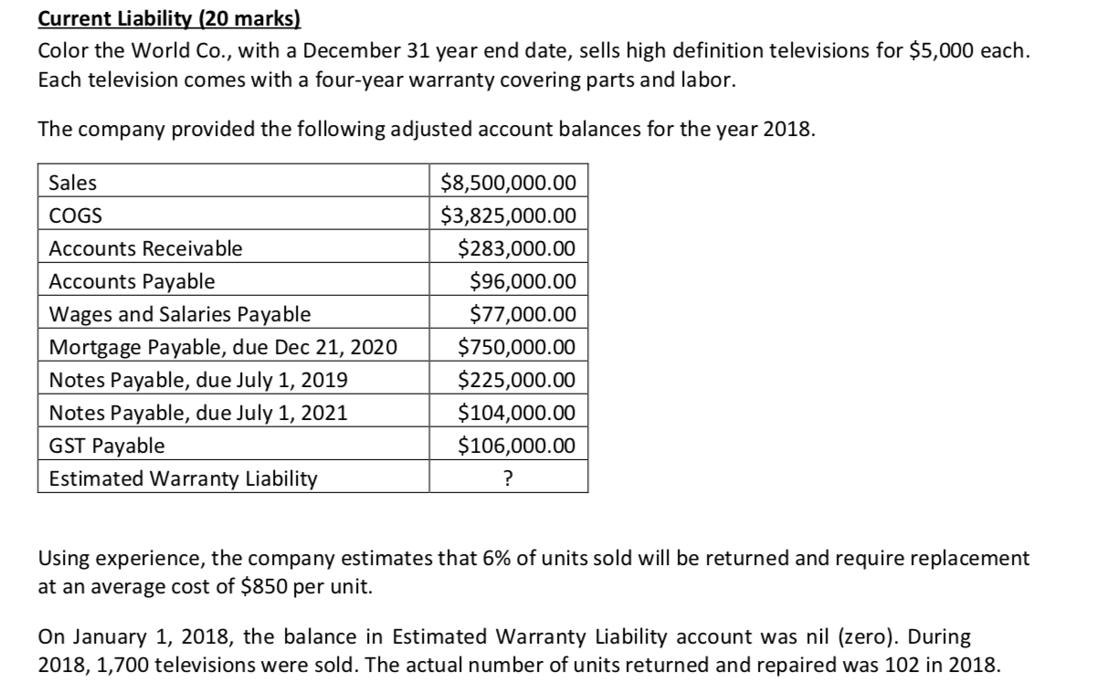 Current Liability (20 marks) Color the World Co., with a December