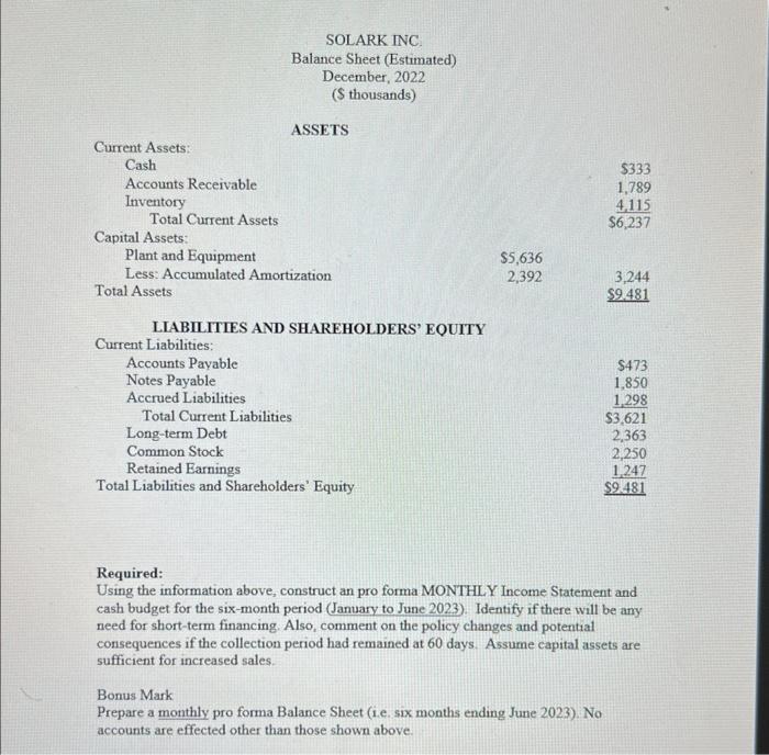 - Solark Inc. Assume you are the Financial Analyst for Solark Inc.,