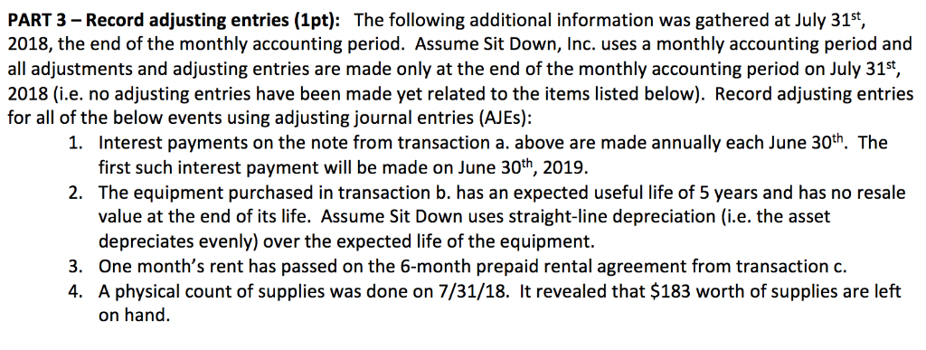 the following account balances on July 1st, 2018. Cash: $40,452; A/R: $7,431;