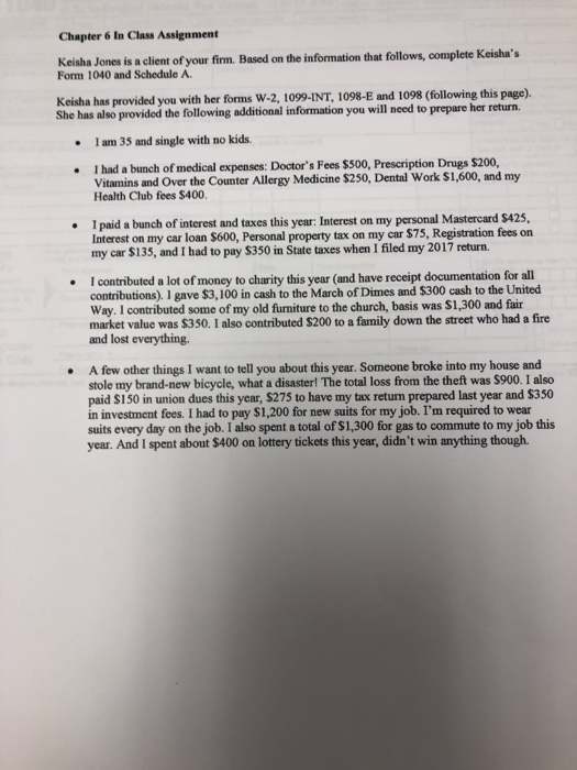  Chapter 6 In Class Assignment Keisha Jones is a client of