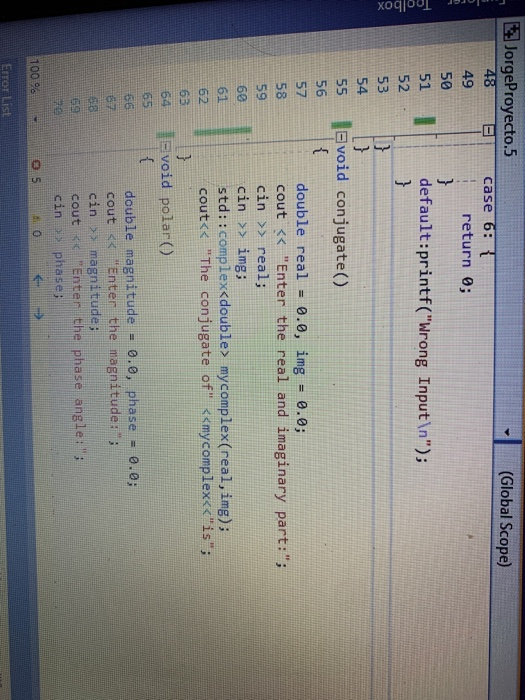 % 5 Error List L TH Messanes Ruild IntelliSense JorgeProyecto.5 1 (Global
