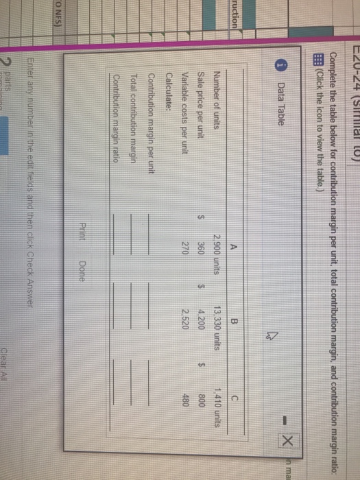  Complete the table below for contribution margin per unit, total contribution