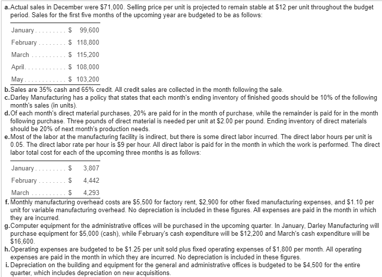 the upcoming year. The following data pertain to Darley Manufacturing's operations: i