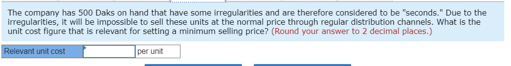 company's unit costs at this level of activity are given below: A