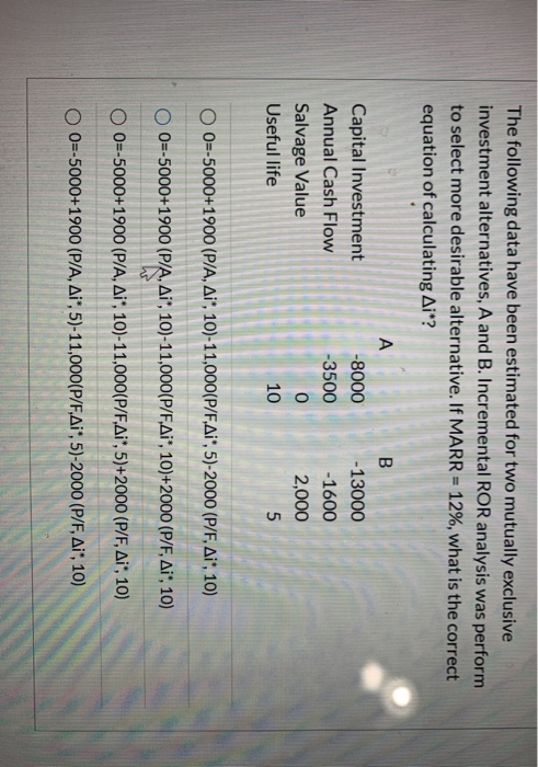  The following data have been estimated for two mutually exclusive investment