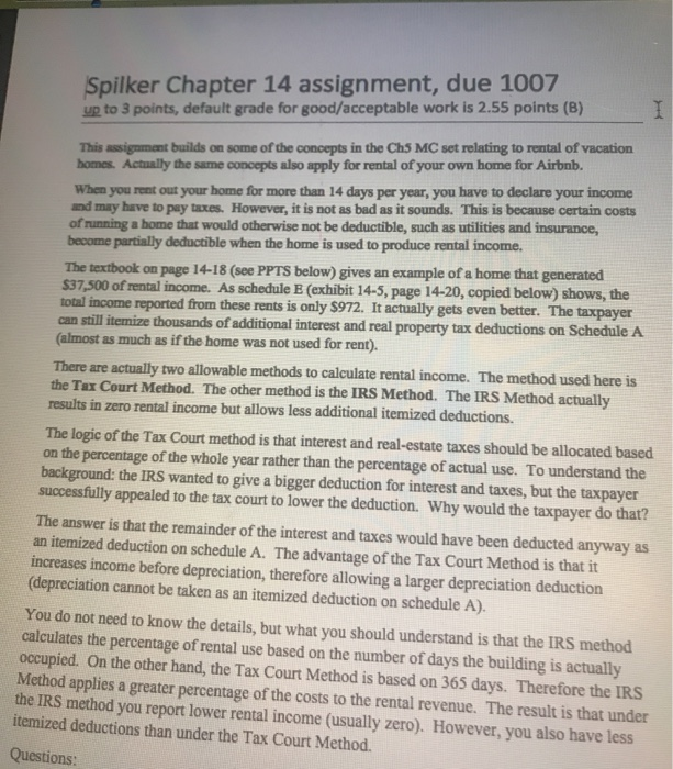  Spilker Chapter 14 assignment, due 1007 up to 3 points, default