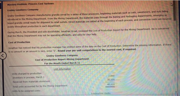  Mastery Problem: Process Cost Systems Grainy Goodness Company Gralny Goodness Company