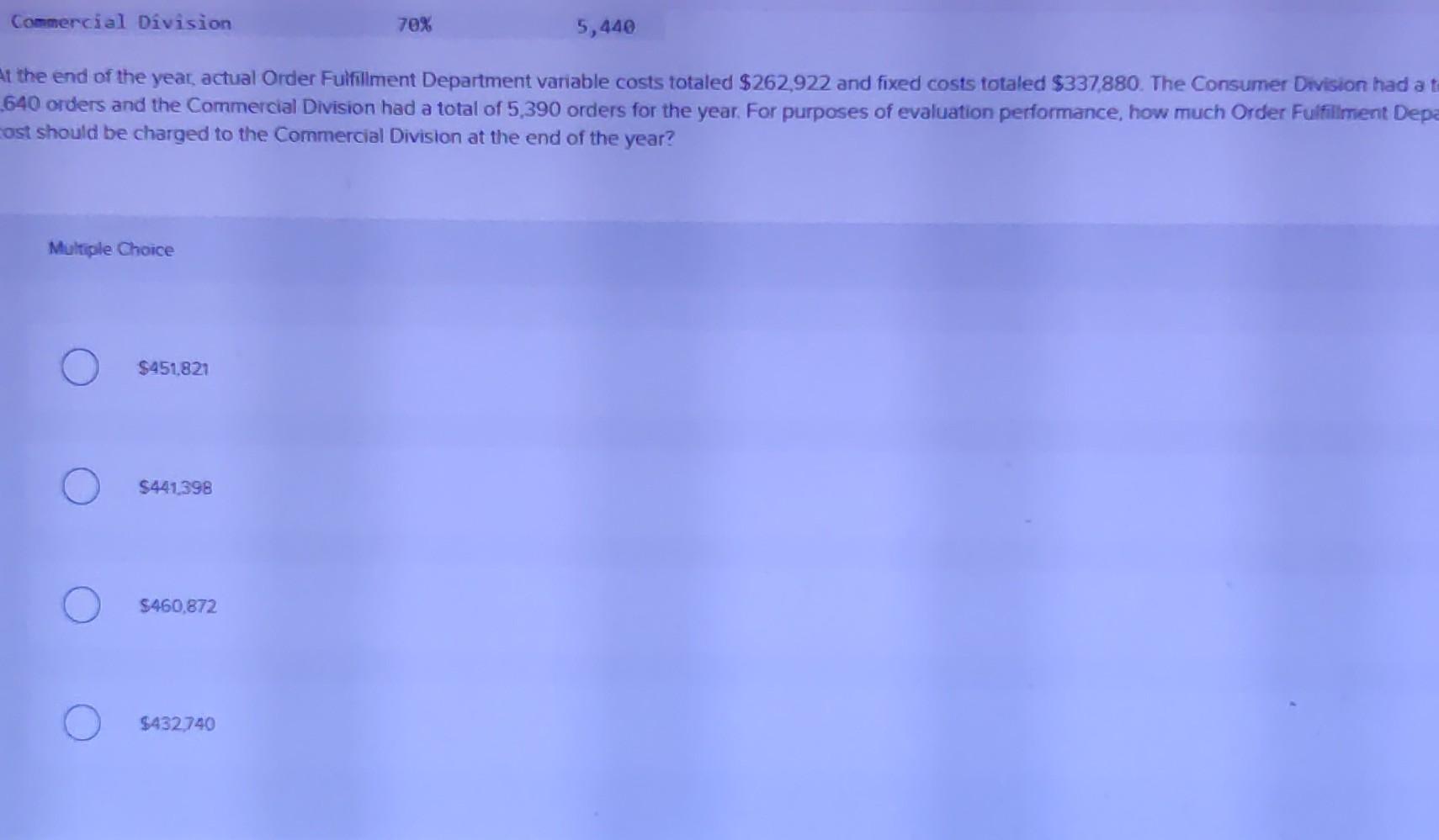 order. The Order Fulfilment Department's fixed costs are budgeted at $341000 for