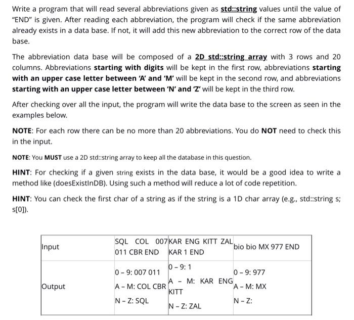 C++ Write a program that will read several abbreviations given as std::string