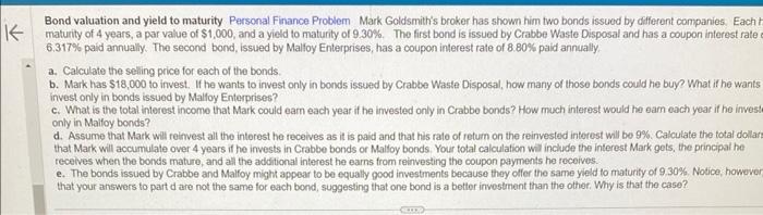  Bond valuation and yield to maturity. Personal Firnance Problem Mark Goldsmith's