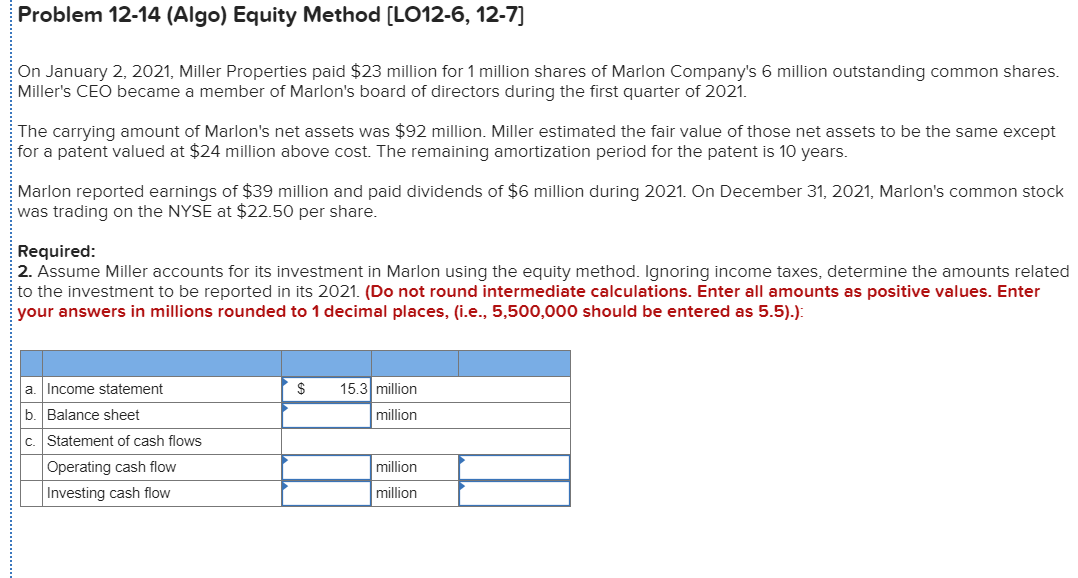  Problem 12-14 (Algo) Equity Method [LO12-6, 12-7] On January 2, 2021,