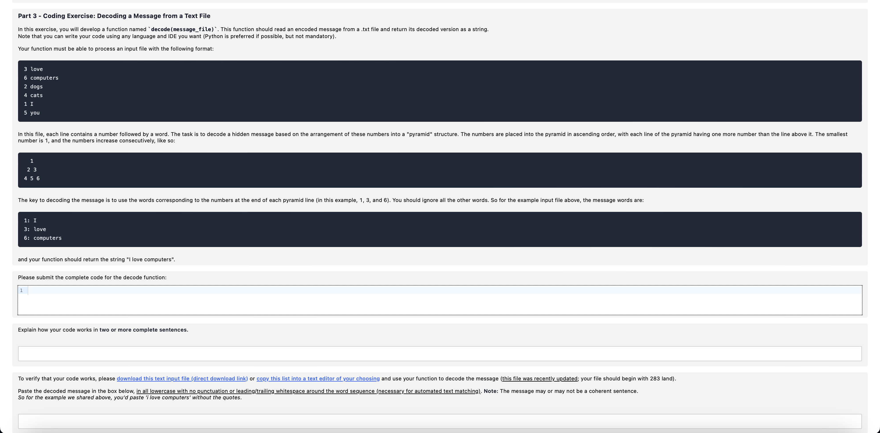  Part 3- Coding Exercise: Decoding a Message from a Text File