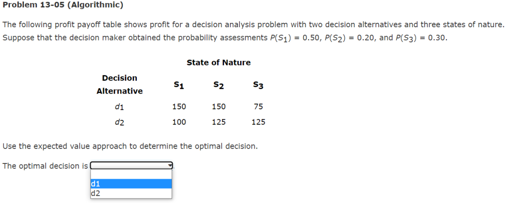 Problem 13-05 (Algorithmic) The following profit payoff table shows profit for a
