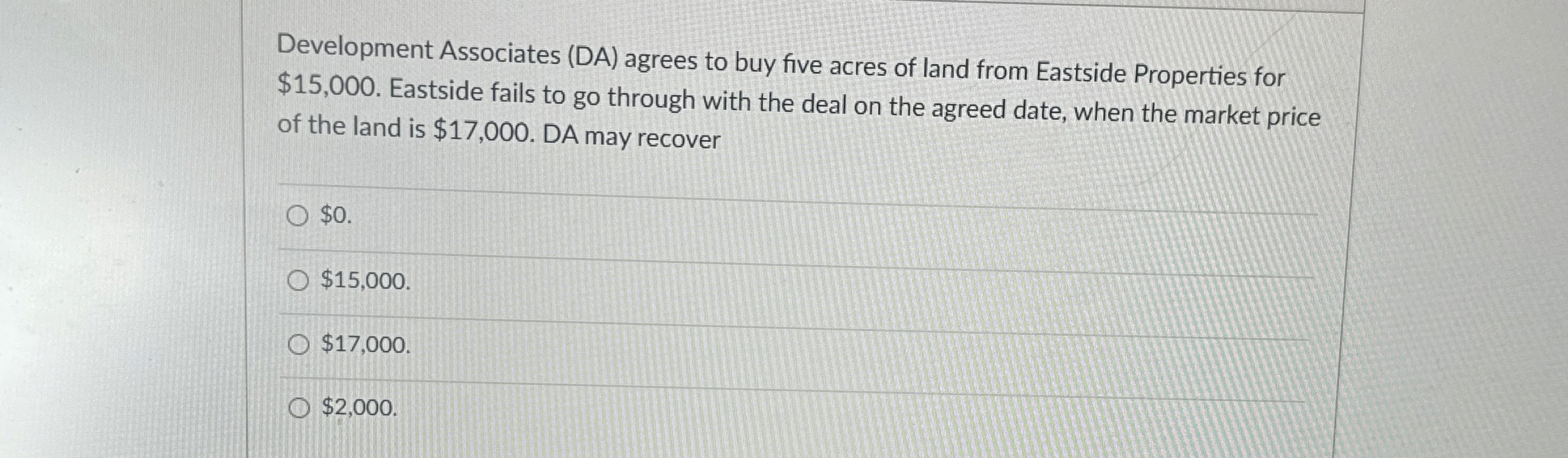  Development Associates (DA) agrees to buy five acres of land from