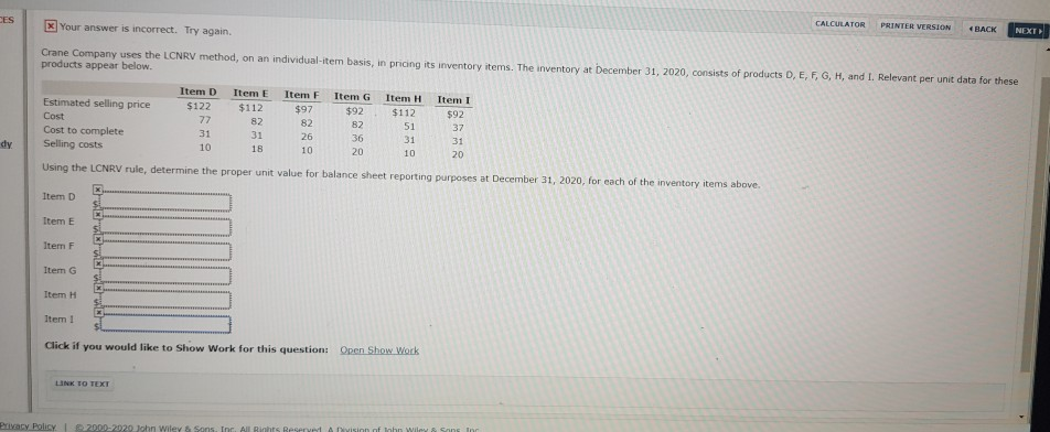  CALCULATOR PRINTER VERSION BACK NEXT x Your answer is incorrect. Try