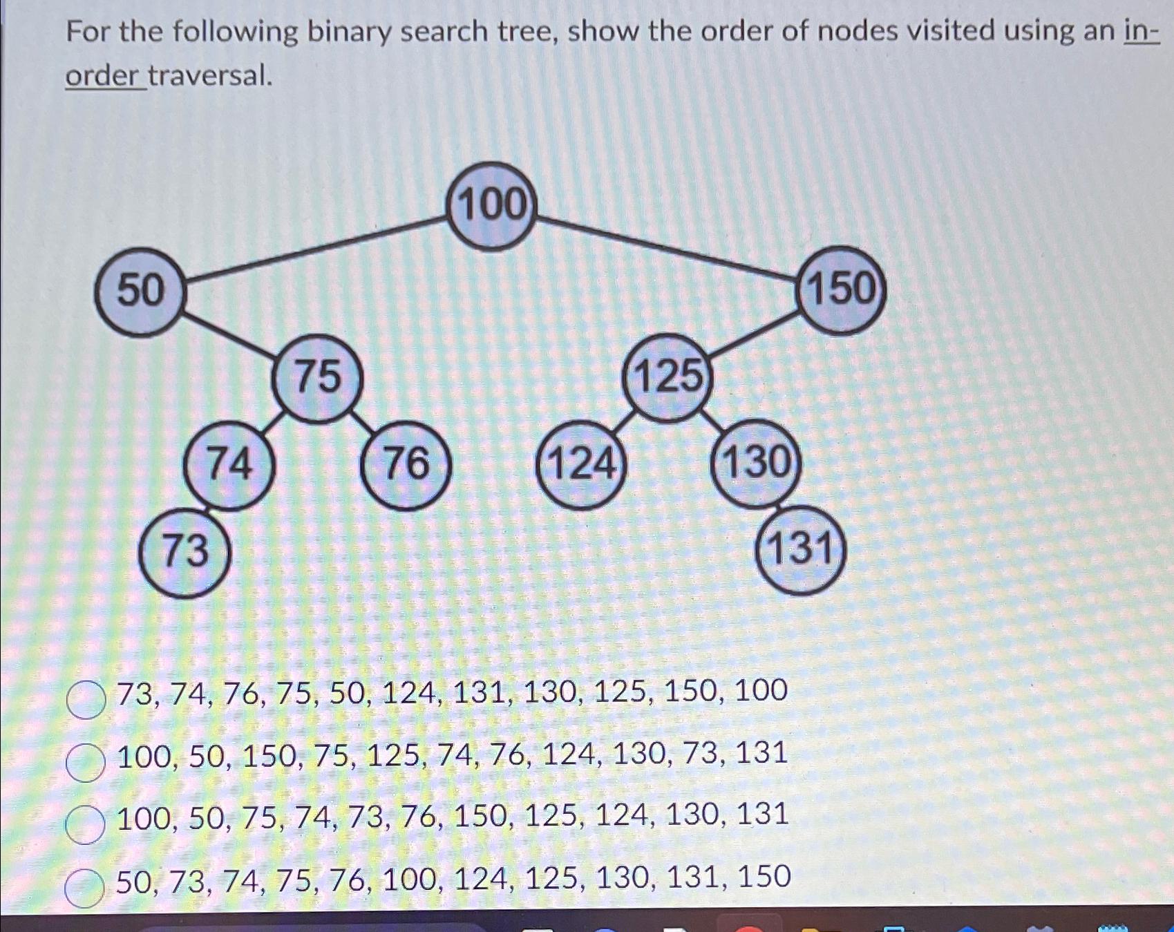  28. For the following binary search tree, show the order of