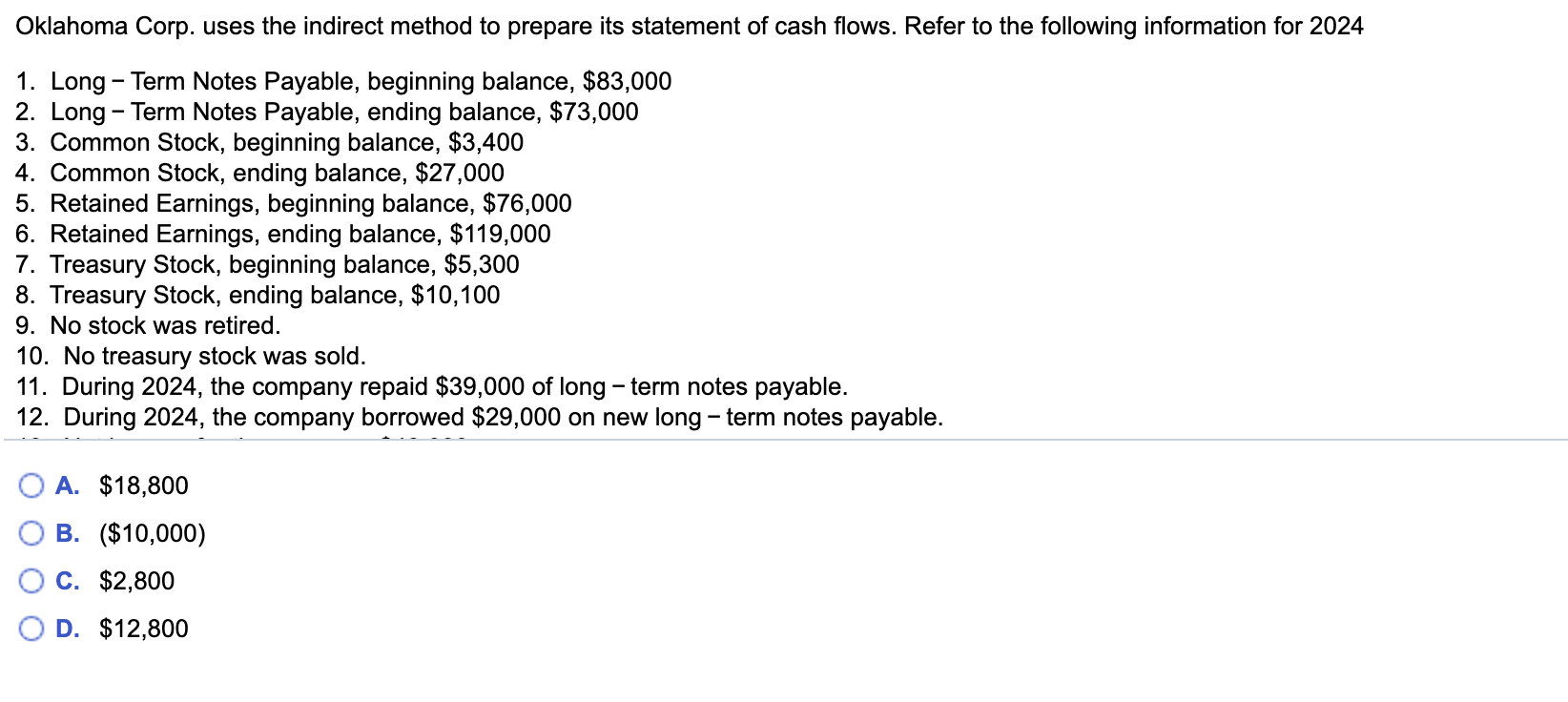  Oklahoma Corp. uses the indirect method to prepare its statement of