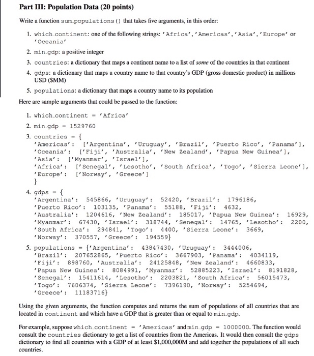  Please do in python language Part III: Population Data (20 points)