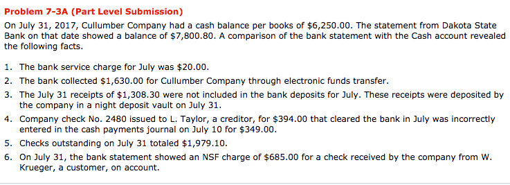  Problem 7-3A (Part Level Submission) On July 31, 2017, Cullumber Company